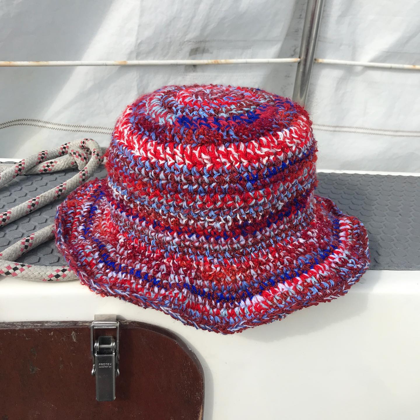 Blue and Red Crochet Bucket Hat