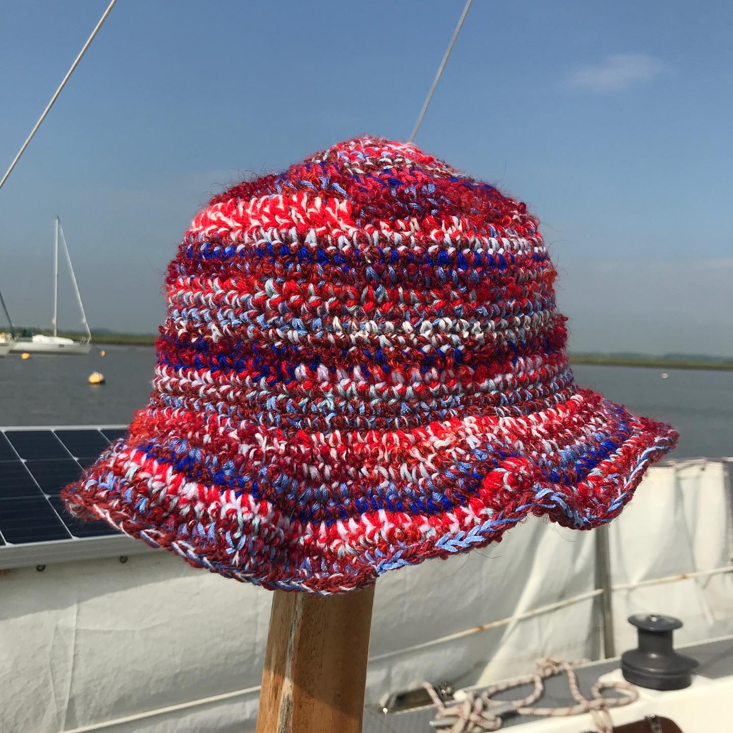 Blue and Red Crochet Bucket Hat